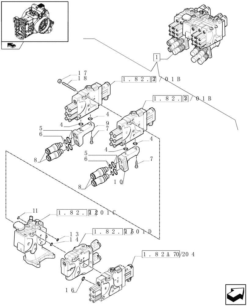 Схема запчастей Case IH PUMA 195 - (1.82.7/04A[01]) - REAR ELECTRONIC REMOTE CONTROL VALVES WITH 4 ELEMENTS - BREAKDOWN (07) - HYDRAULIC SYSTEM