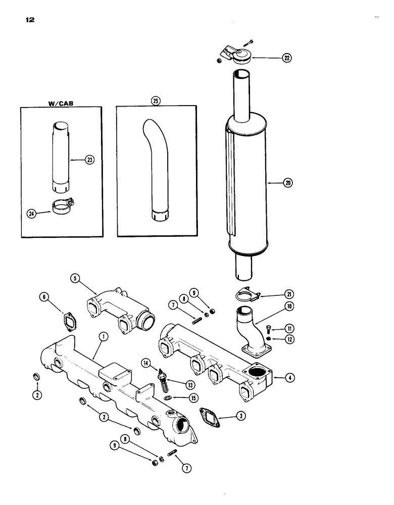 Схема запчастей Case IH 1070 - (012) - MANIFOLD AND MUFFLER, (451B) DIESEL ENGINE (02) - ENGINE