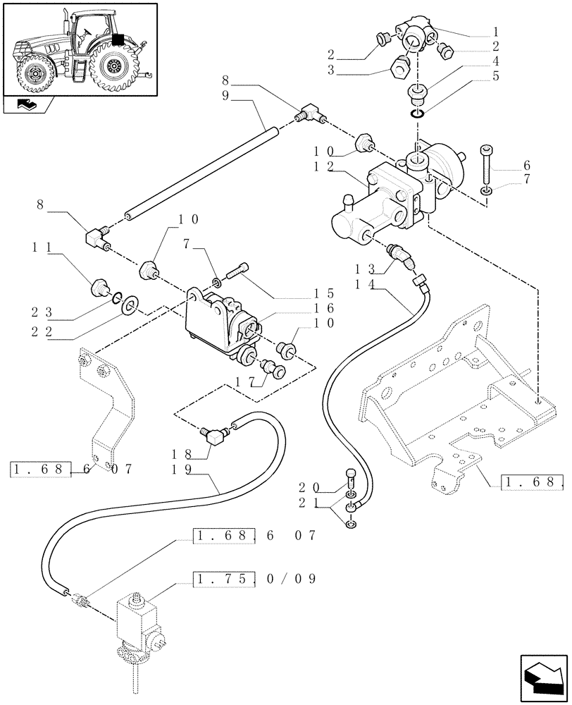 Схема запчастей Case IH PUMA 140 - (1.68.6[08]) - PNEUMATIC TRAILER BRAKE - CONTROL VALVE AND RELEVANT PARTS (VAR.332727-332737-332739) (05) - REAR AXLE