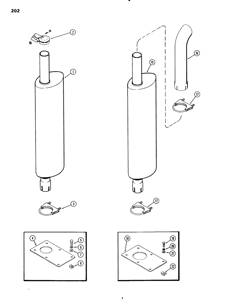 Схема запчастей Case IH 451BDT - (202) - EXHAUST SYSTEM, QUIET, MUFFLER, VERTICAL, WITH RAIN CAP, C, E / WITH 90° ELBOW (02) - ENGINE