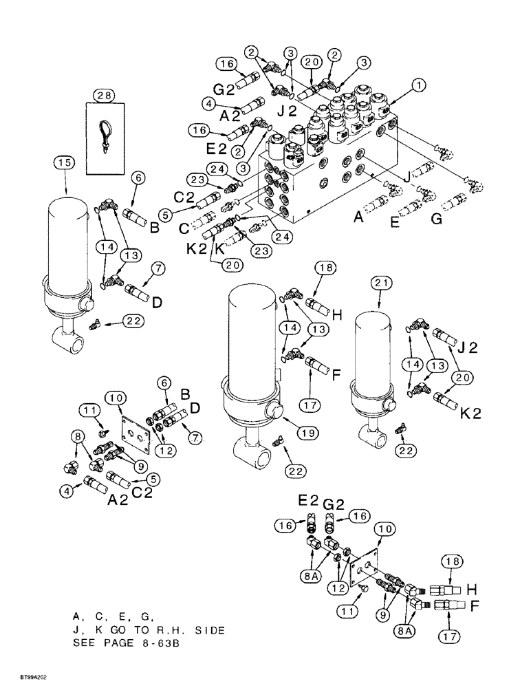 Схема запчастей Case IH 955 - (8-063C) - CARRYING WHEEL HYDRAULIC CIRCUIT, LEFT HAND FRAME & CENTER FRAME W/HYDRAFORCE CONTROL VALVE (08) - HYDRAULICS