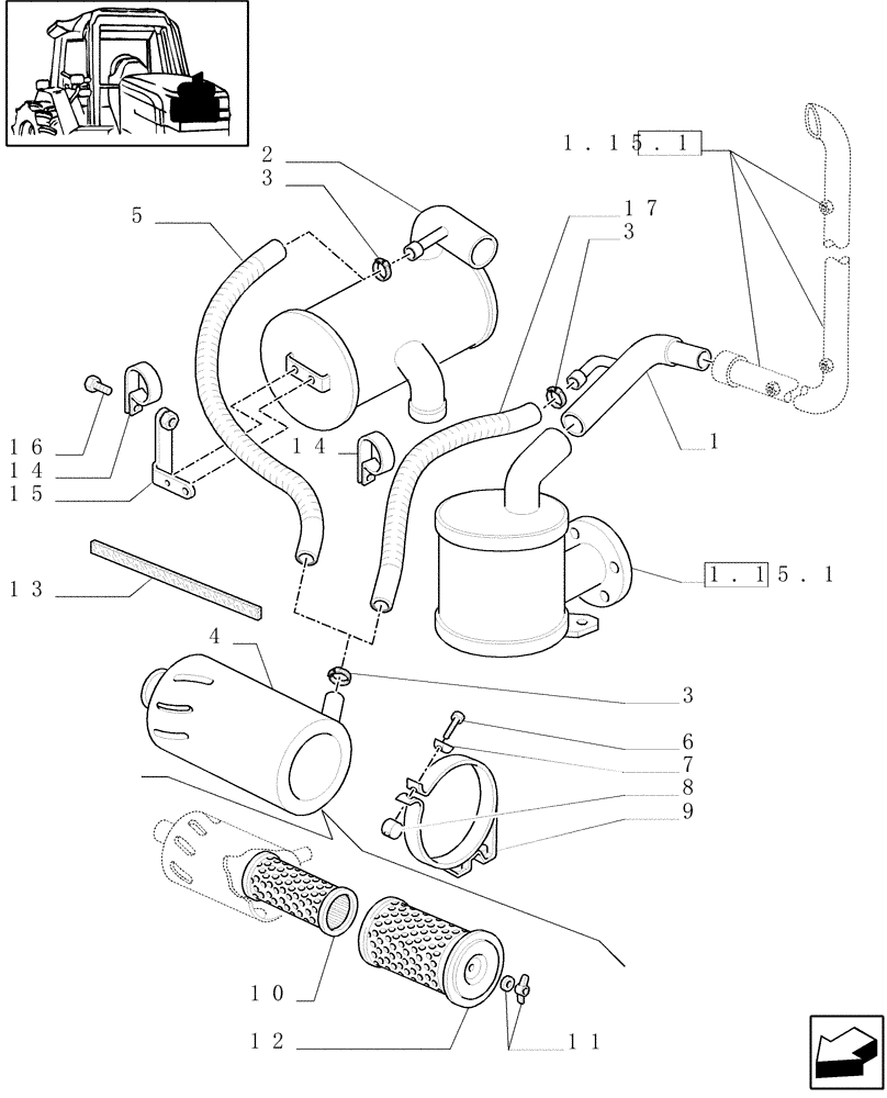 Схема запчастей Case IH JX80U - (1.15.1/01[01]) - (VAR.199) SELF-CLEANING FILTER (WITH CAB) (02) - ENGINE EQUIPMENT