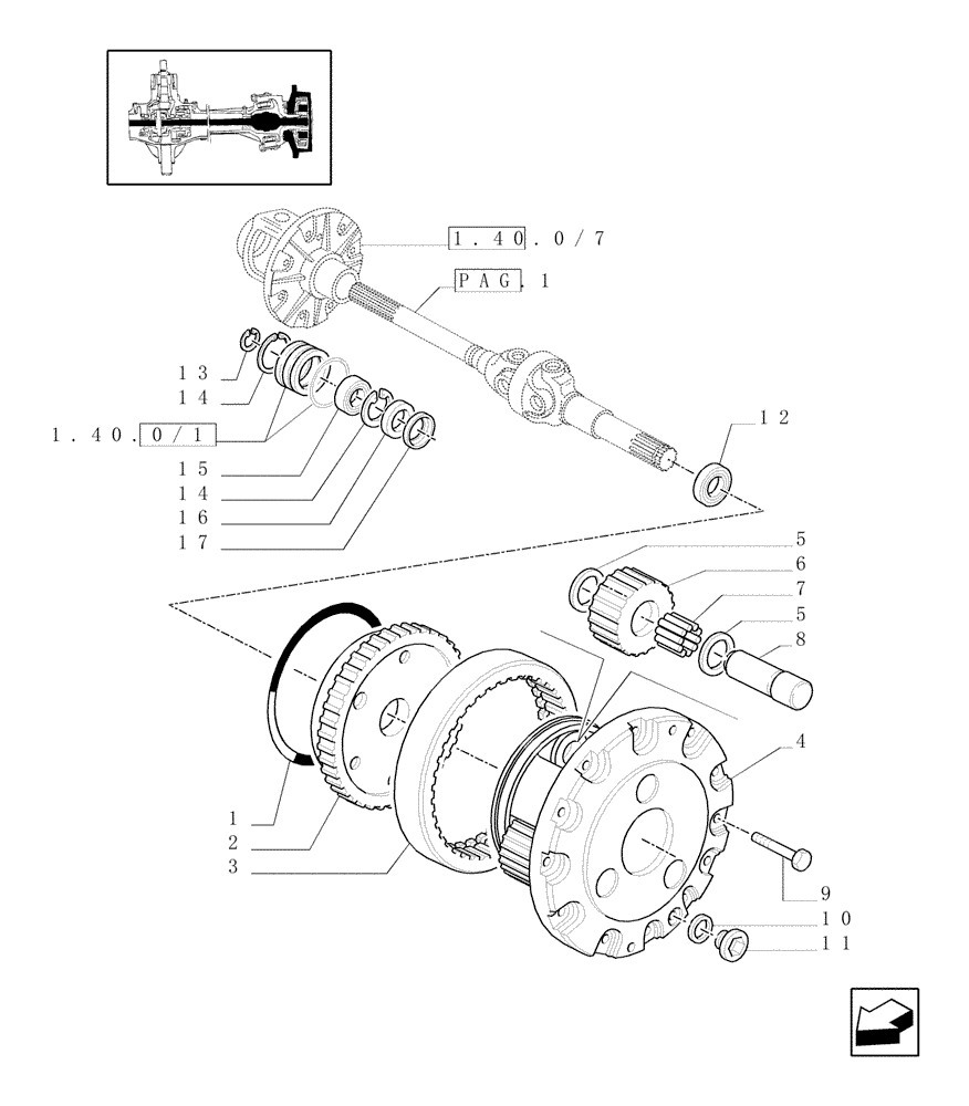 Схема запчастей Case IH JX80U - (1.40.0/10[02]) - FRONT AXLE - DIFFERENTIAL GEARS AND SHAFT - 4WD - EPICYCLIC REDUCTION GEAR (04) - FRONT AXLE & STEERING