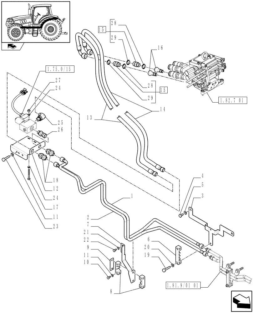 Схема запчастей Case IH PUMA 155 - (1.81.9/01[02]) - TUBES FOR FRONT HPL FROM MECHANICAL REMOTE VALVES (VAR.330926) (07) - HYDRAULIC SYSTEM