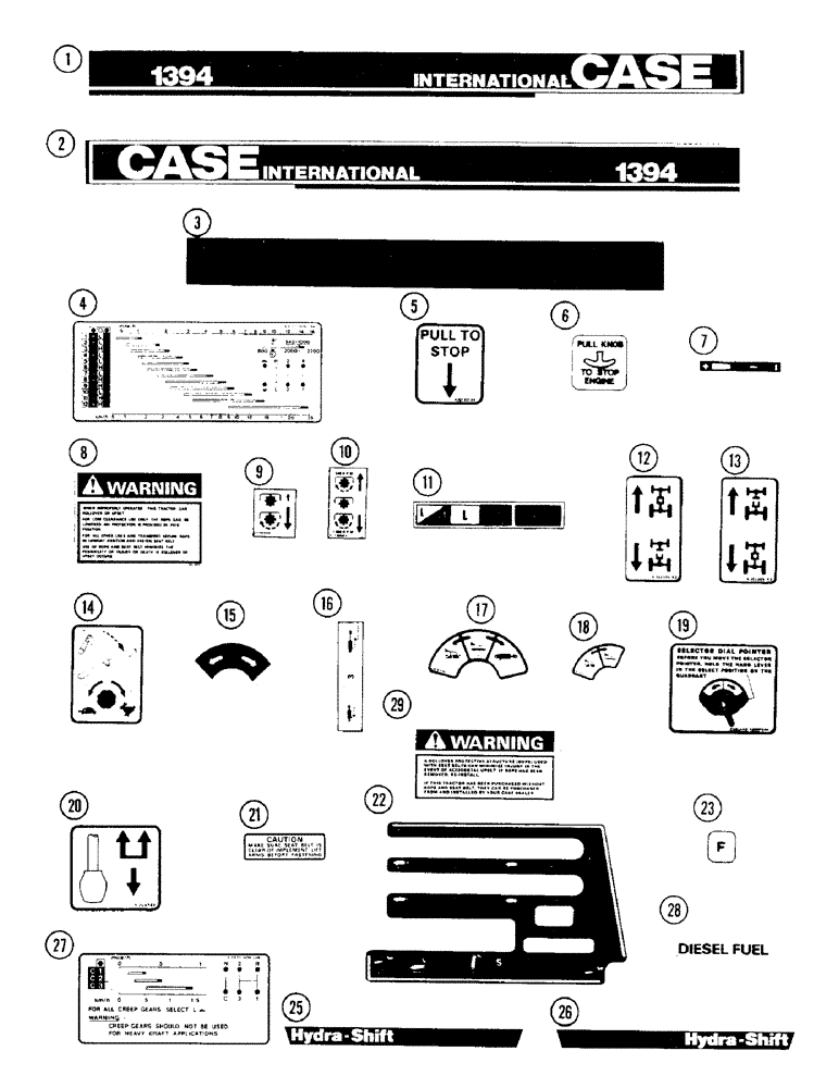 Схема запчастей Case IH 1394 - (9-452) - DECALS, TRACTORS WITHOUT CAB, P.I.N. 11503201 AND AFTER (09) - CHASSIS/ATTACHMENTS