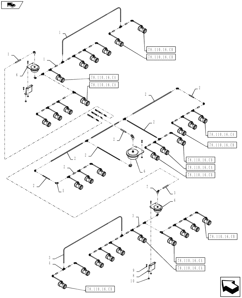 Схема запчастей Case IH 610 - (78.110.16.AA) - NOZZLE PLUMBING, 70 BOOM, 30" SPACING, 3 SECTION CONTROL (78) - SPRAYING