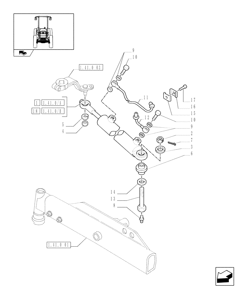 Схема запчастей Case IH FARMALL 85N - (1.41.0[04]) - 2WD FRONT AXLE - HYDRAULIC STEERING CYLINDER (VAR.331581-332581 / 743515) (04) - FRONT AXLE & STEERING