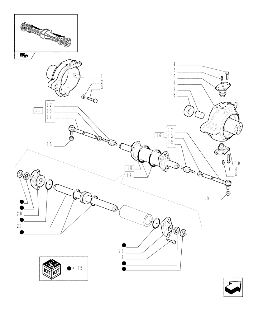Схема запчастей Case IH FARMALL 75N - (1.40.1/02[01]) - STD FRONT AXLE WITH EL.-HYDR. DIFF. LOCK LESS FRONT BRAKES (40KM/H) - SWIVEL HOUS. AND STEER. CYL. (04) - FRONT AXLE & STEERING