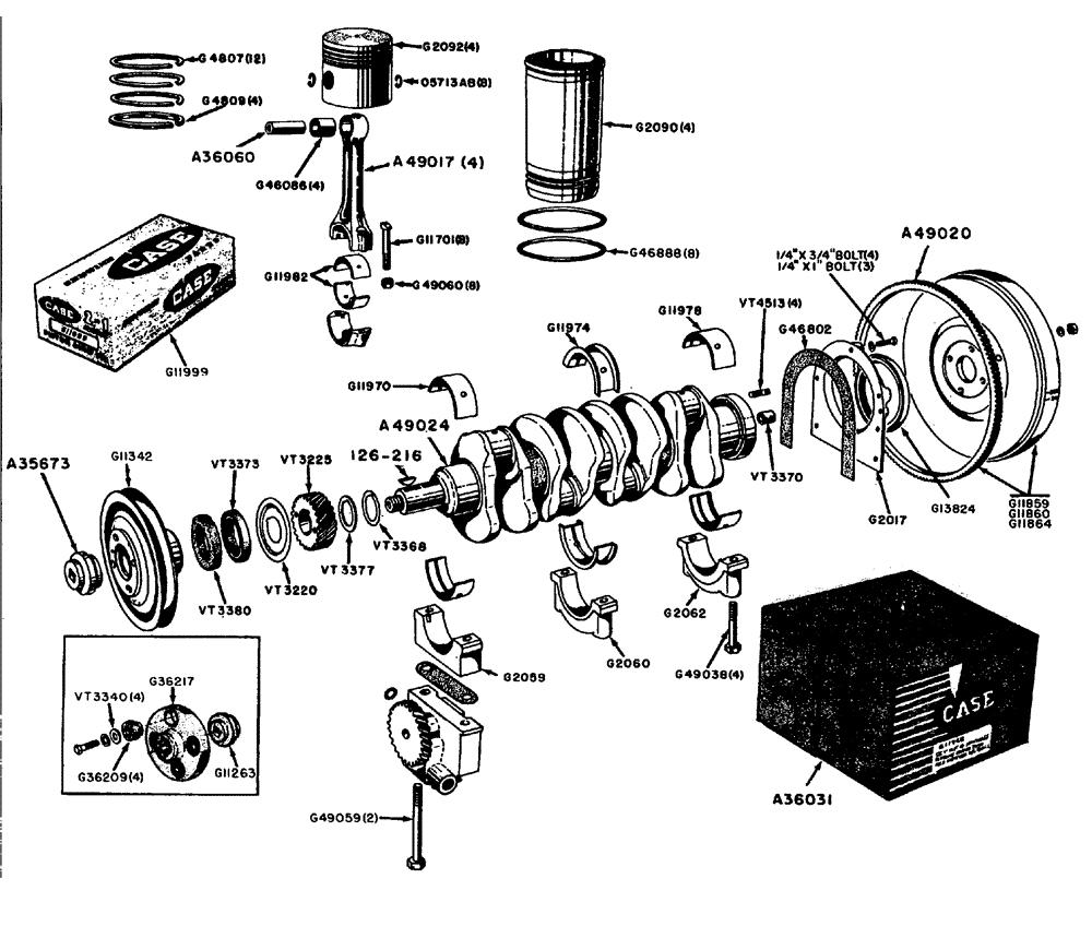 Схема запчастей Case IH 630 - (004) - CRANKSHAFT, FLYWHEEL, PISTONS AND CONNECTING RODS (02) - ENGINE