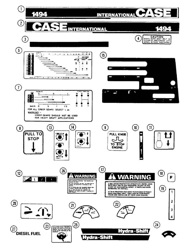 Схема запчастей Case IH 1494 - (9-436) - DECALS, TRACTORS WITHOUT CAB, P.I.N. 11518201 AND AFTER (09) - CHASSIS/ATTACHMENTS