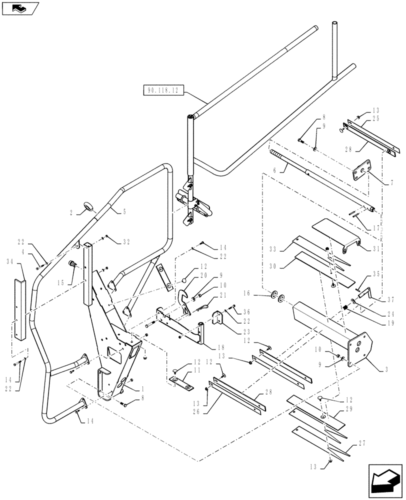 Схема запчастей Case IH 4430 - (90.118.07) - LH FRONT HANDRAIL AND LH BOOM CRADLE, 120 (90) - PLATFORM, CAB, BODYWORK AND DECALS