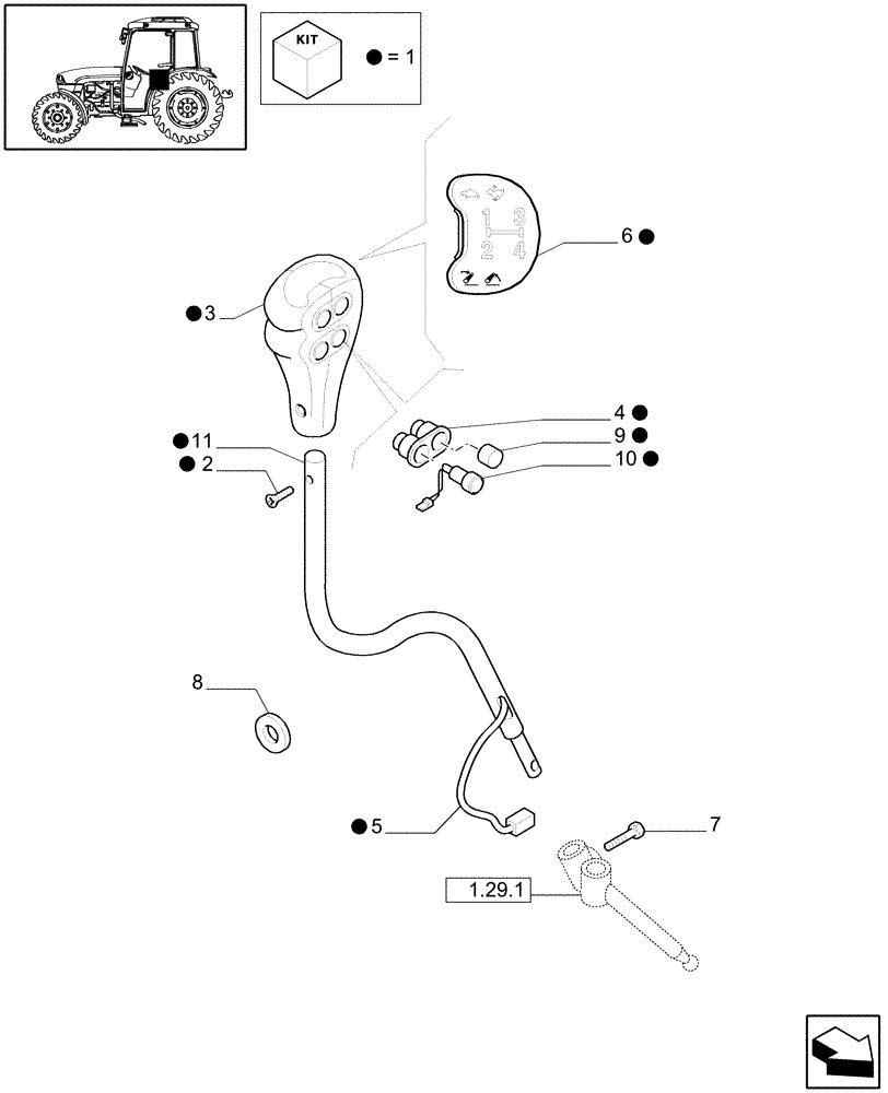 Схема запчастей Case IH JX1075C - (1.29.1/04[01]) - (VAR.270) HI-LO 32X16 (30 KM/H) W/OIL COOLER AND ADJ. STEERING COLUMN - LEVER, HOOD AND KNOB (03) - TRANSMISSION