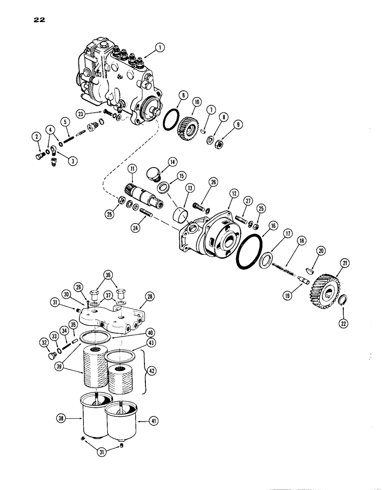 Схема запчастей Case IH A301D - (22) - FUEL INJECTION PUMP & DRIVE / FIRST & SECOND STAGE FILTER, DIESEL ENGINE 