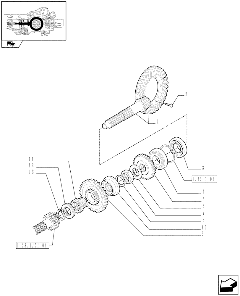 Схема запчастей Case IH FARMALL 70 - (1.32.1/04[01]) - 12X12 TRANSMISSION WITH SYNCHRO SHUTTLE - BEVEL GEAR PAIR (STD, 743552-331251-743905) (03) - TRANSMISSION