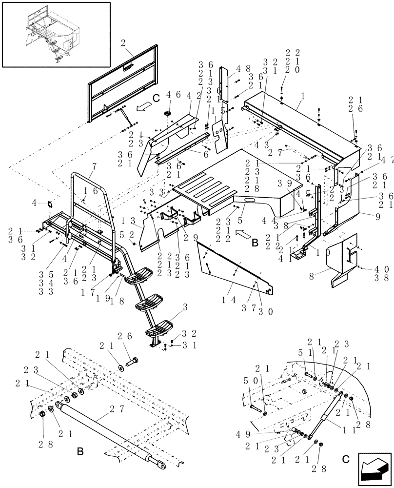 Схема запчастей Case IH 8120 - (90.102.05[01]) - ENGINE GUARDS - NEW GRAIN TANK FEATURES, MY2010, 9120 ONLY (90) - PLATFORM, CAB, BODYWORK AND DECALS