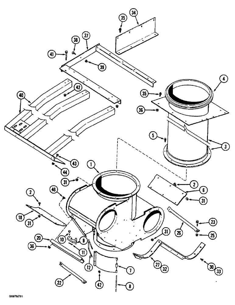 Схема запчастей Case IH 1660 - (9E-30) - LOWER GRAIN TANK, UNLOADER HOUSING, PRIOR TO P.I.N. JJC0040895 (17) - GRAIN TANK & UNLOADER