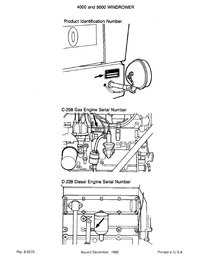 Схема запчастей Case IH 5000 - (1-02) - PRODUCT IDENTIFICATION NUMBER, C-258 GAS ENGINE SERIAL NUMBER D-239 DIESEL ENGINE SERIAL NUMBER (00) - PICTORIAL INDEX