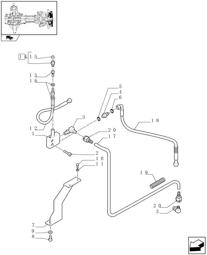 Схема запчастей Case IH PUMA 140 - (1.40.5/14[03]) - (CL.4) FRONT AXLE W/MULTI-PLATE DIFF. LOCK, ST. SENSOR AND BRAKES - BRAKE VALVE AND PIPES (VAR.330426) (04) - FRONT AXLE & STEERING