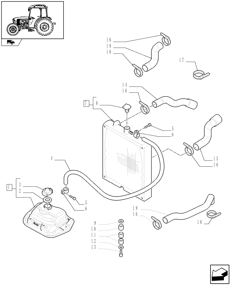 Схема запчастей Case IH FARMALL 95C - (1.17.0[01]) - RADIATOR AND COOLING TANK (02) - ENGINE EQUIPMENT