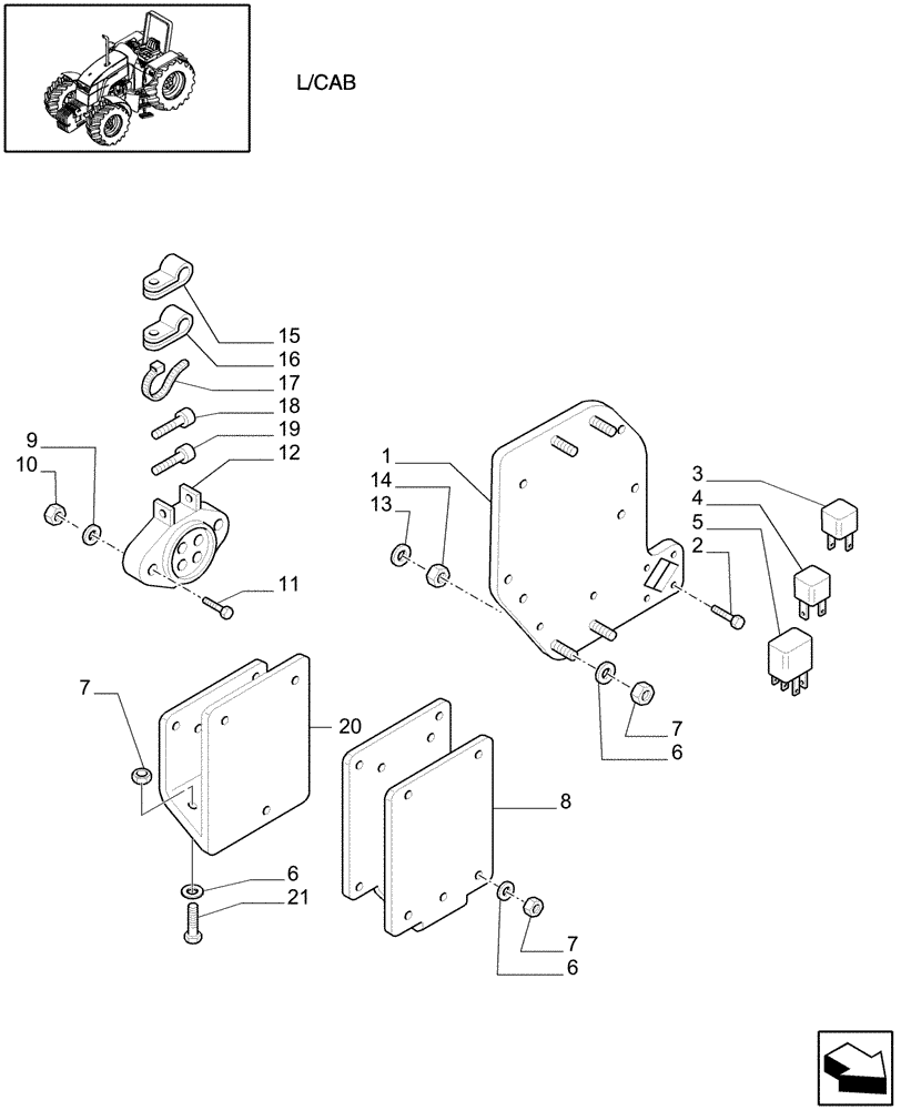 Схема запчастей Case IH MXU115 - (1.75.4[08]) - SUPPORT FOR RELAY BOX, RELAY, POWER SOCKET AND SWITCHES (06) - ELECTRICAL SYSTEMS