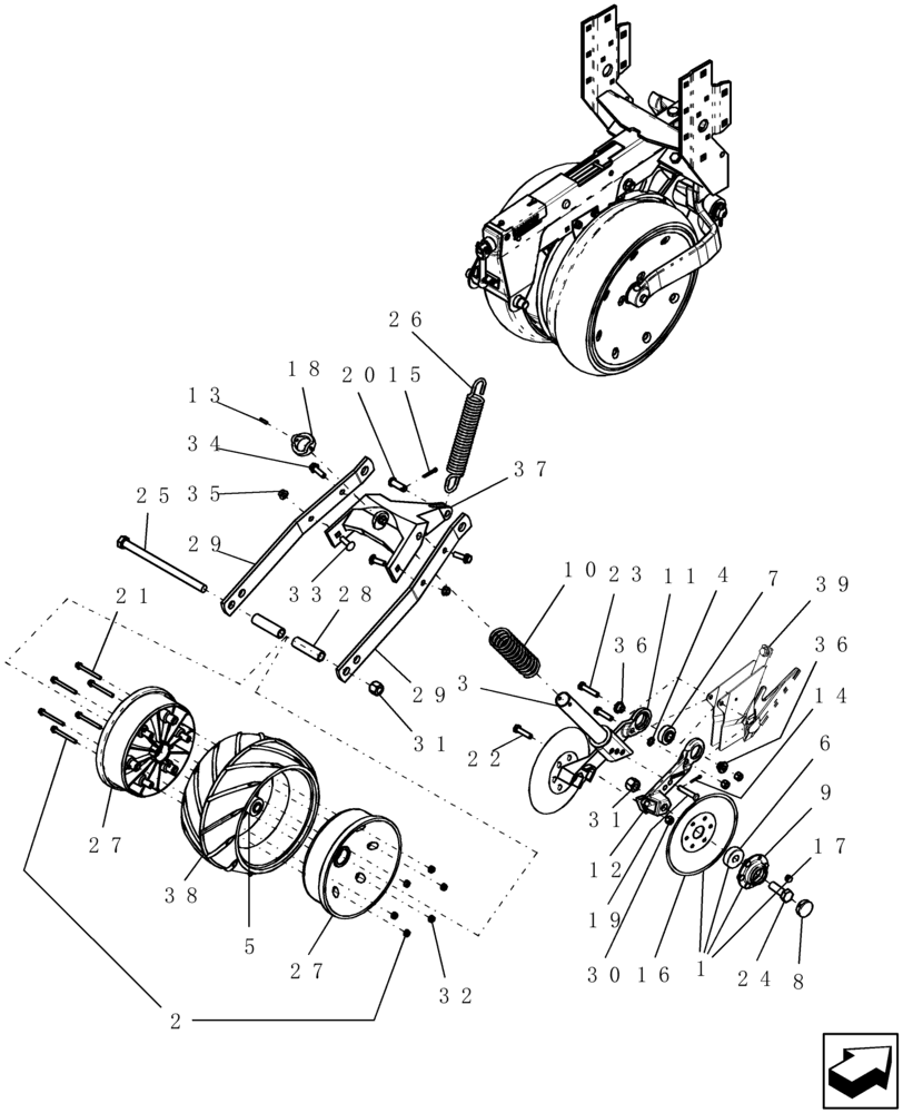 Схема запчастей Case IH 1200PT - (L.10.F[30]) - PRESS WHEEL & COVERING DISC, WITH LH LEADING DISC OPENER (RH SIDE OF PLANTER, BTW CBJ0001597 AND MARCH 2007) L - Field Processing
