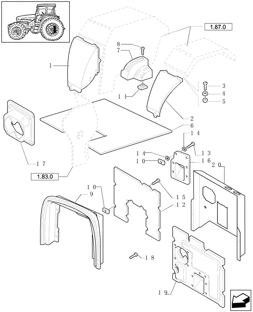 Схема запчастей Case IH JX1100U - (1.87.1) - MATTING & GUARDS (L/CAB) (08) - SHEET METAL