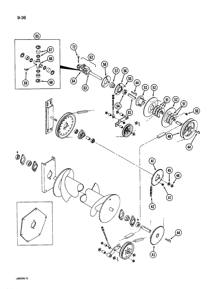 Схема запчастей Case IH 1590 - (9-036) - AUGER, AUGER DRIVE AND KNIFE DRIVE, 1490 AND 1590 MOWER CONDITIONER (03) - CHASSIS/MOUNTED EQUIPMENT
