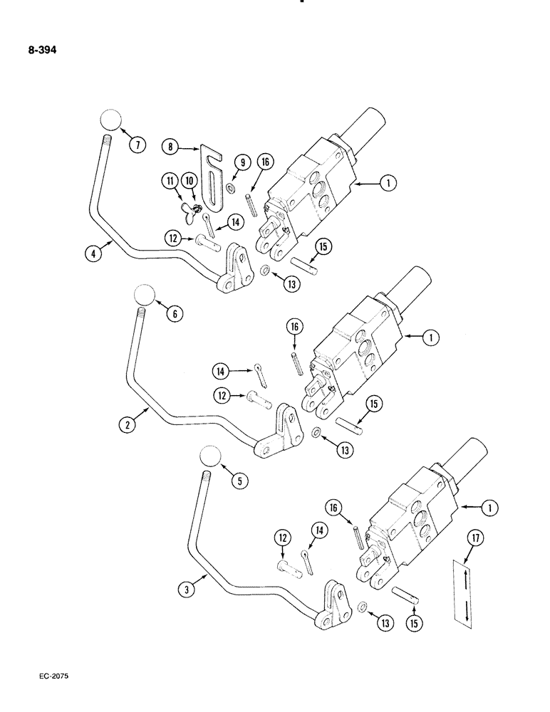 Схема запчастей Case IH 885 - (8-394) - AUXILIARY VALVE CONTROLS, BOSCH, WITHOUT CAB, P.I.N. 18001 AND AFTER (08) - HYDRAULICS