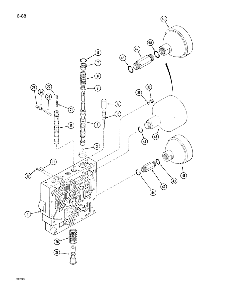 Схема запчастей Case IH 7140 - (6-088) - TRANSMISSION CONTROL VALVE ASSEMBLY, BODY SECTION AND ACCUMULATORS, FOUR SPEED REVERSE VALVES (06) - POWER TRAIN