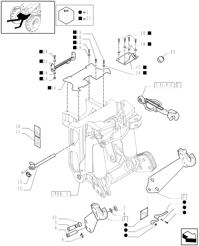 Схема запчастей Case IH PUMA 165 - (1.81.9/02[06]) - (VAR.089) FRONT HPL FOR ELECTRONIC REMOTES WITH PTO, LESS AUX. COUPLERS - LINK AND ARMS - D5721 (07) - HYDRAULIC SYSTEM