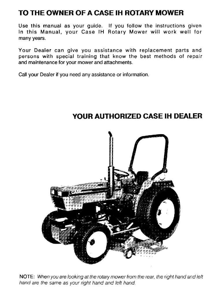 Схема запчастей Case IH 61MS - (01A) - TO THE OWNER OF A CASE IH ROTARY MOWER 