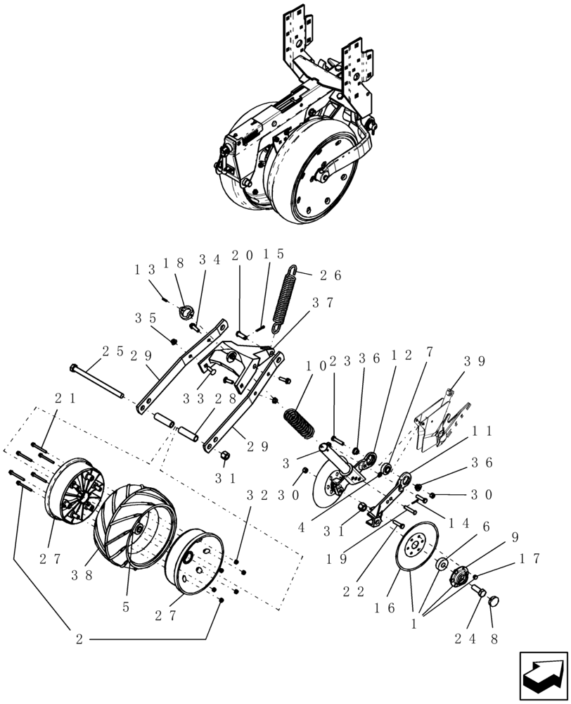 Схема запчастей Case IH 1200 - (L.10.F[16]) - PRESS WHEEL & COVERING DISC, WITH RH LEADING DISC OPENER (LH SIDE OF PLANTER, BTW CBJ0001611 AND MARCH 2007) L - Field Processing