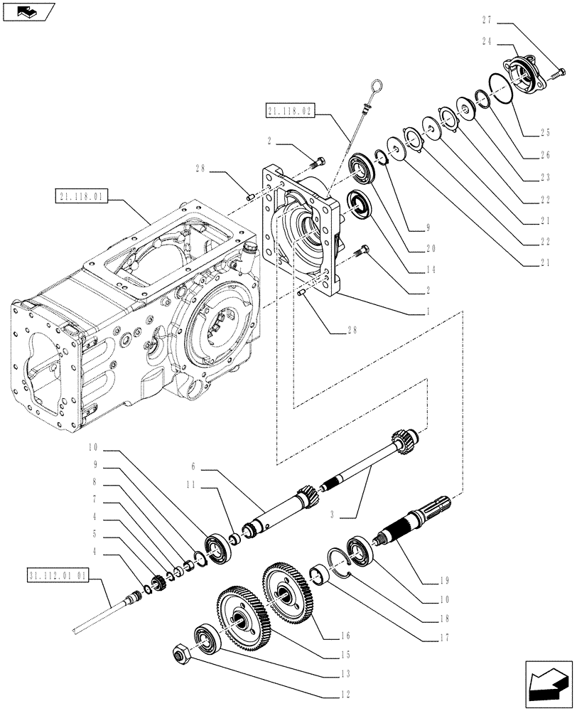 Схема запчастей Case IH FARMALL 75C - (31.112.0101[02]) - POWER TAKE-OFF (540-540E RPM) FOR POWER SHUTTLE - COVER, SHAFTS AND GEARS (VAR.334804 / 743519; VAR.336814 / 743566) (31) - IMPLEMENT POWER TAKE OFF