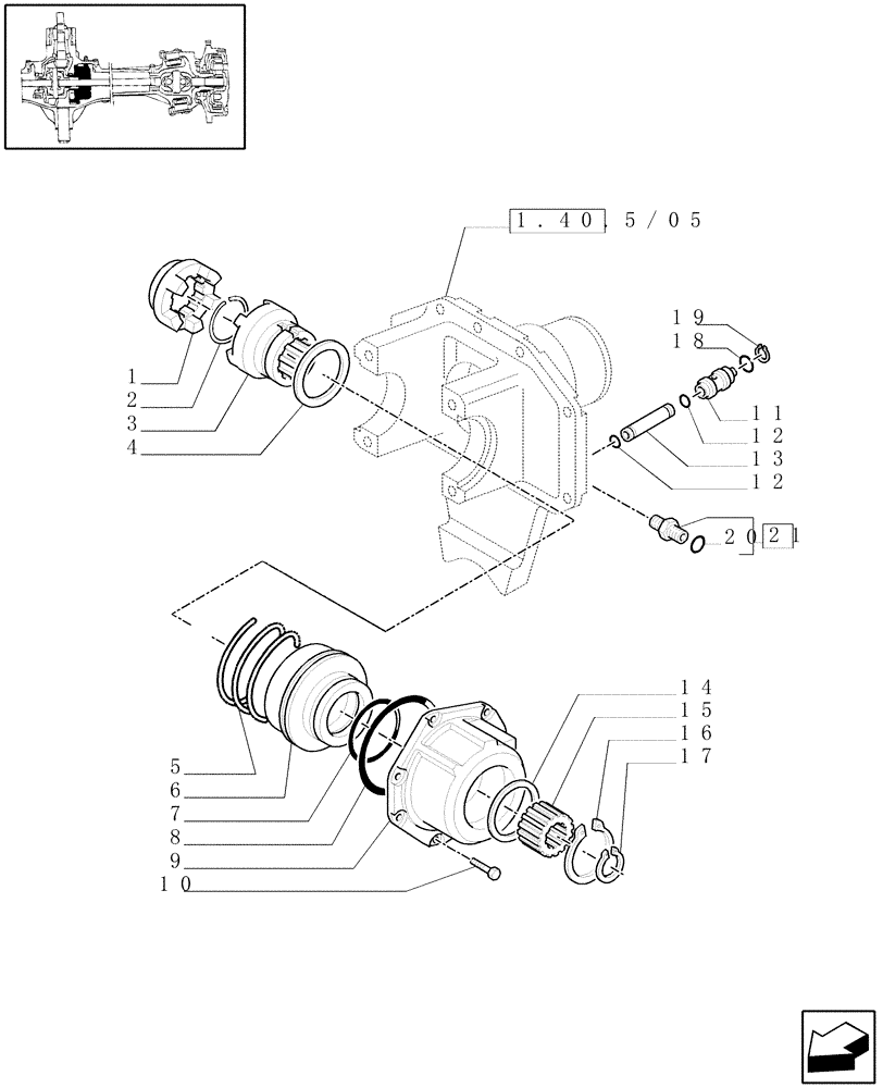 Схема запчастей Case IH MAXXUM 130 - (1.40. 5/07[02A]) - (CL.3) SUSPENDED FRONT AXLE WITH DOG CLUTCH AND BRAKES - DIFFERENTIAL LOCK - D5954 (VAR.330427) (04) - FRONT AXLE & STEERING