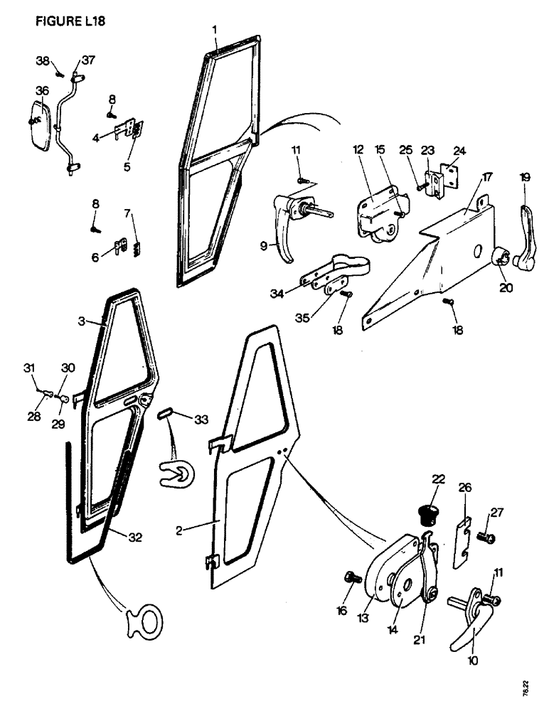 Схема запчастей Case IH 1412 - (L18-1) - CHASSIS, BONNET, FENDERS, SAFETY FRAME AND CAB, CAB DOORS AND DOOR FITTINGS (12) - CHASSIS