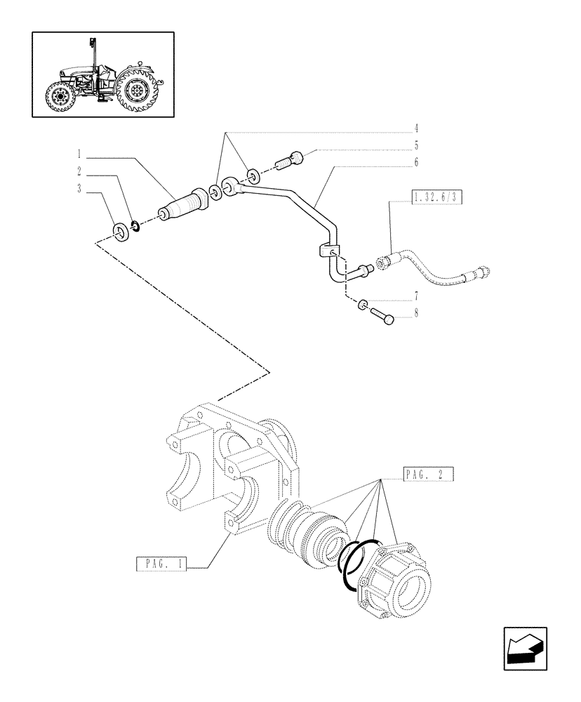 Схема запчастей Case IH JX1060C - (1.40.5/05[03]) - (VAR.326/1-326/2) STANDARD FRONT AXLE W/ ELECTROHYDR. DIFF. LOCK, W/ FRONT BRAKES (30KM/H) - PIPES (04) - FRONT AXLE & STEERING