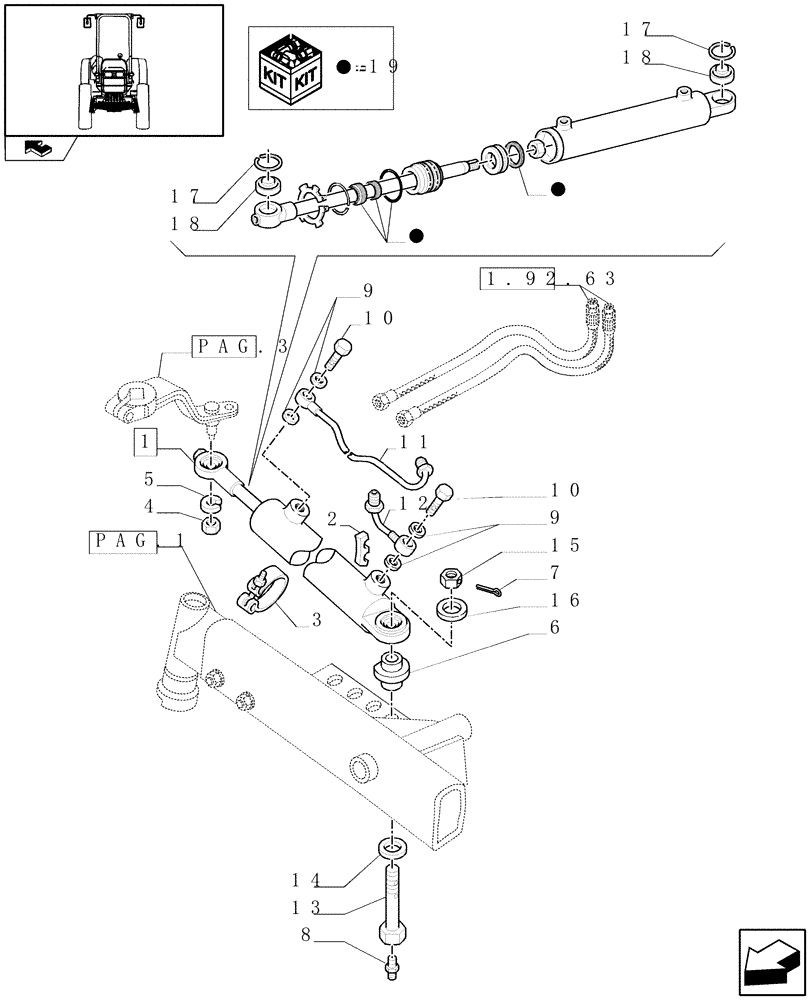Схема запчастей Case IH FARMALL 85C - (1.41.0/01[04]) - 2WD FRONT AXLE WITH LOW PROFILE - STEERING CYLINDER (VAR.330582) (04) - FRONT AXLE & STEERING