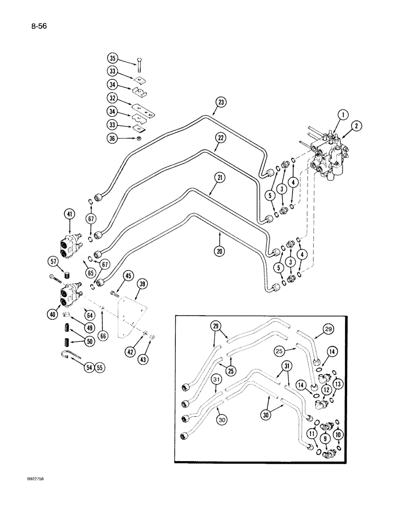 Схема запчастей Case IH 7130 - (8-056) - FIRST AND SECOND CIRCUIT REMOTE HYDRAULICS, TRANSMISSION S/N AJB0018756 THROUGH AJB0060499 (08) - HYDRAULICS