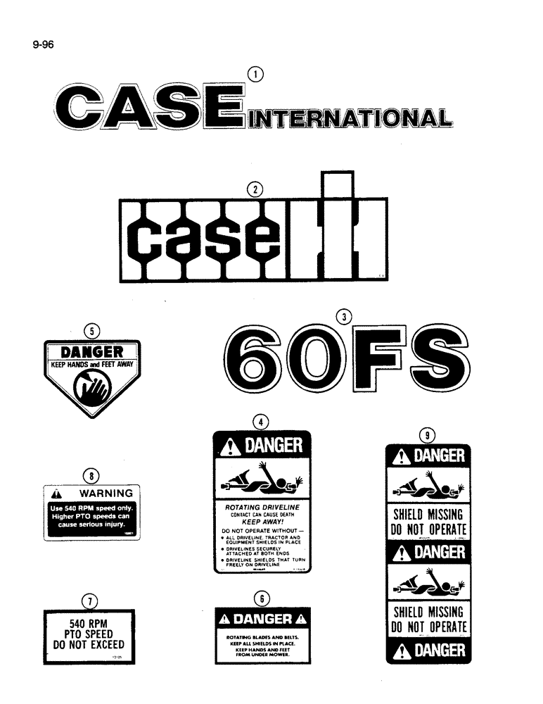 Схема запчастей Case IH 60FS - (9-096) - DECALS, 60FS MOWER (03) - CHASSIS/MOUNTED EQUIPMENT