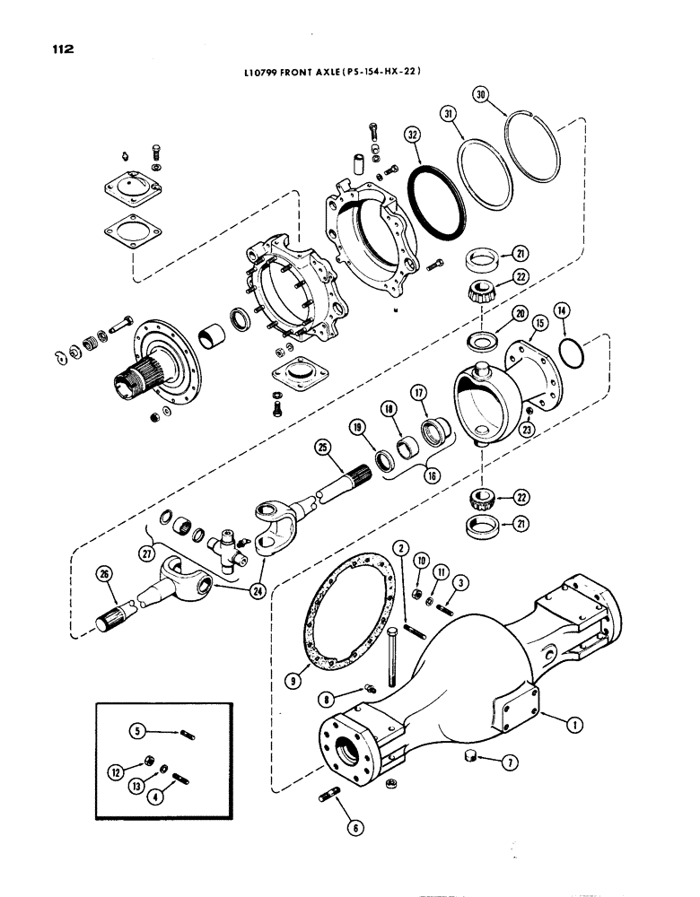 Схема запчастей Case IH 1200 - (112) - L10799 FRONT AXLE HOUSING AND KNUCKLE, 15.99 RATION WITH CARDON JOINT (06) - POWER TRAIN