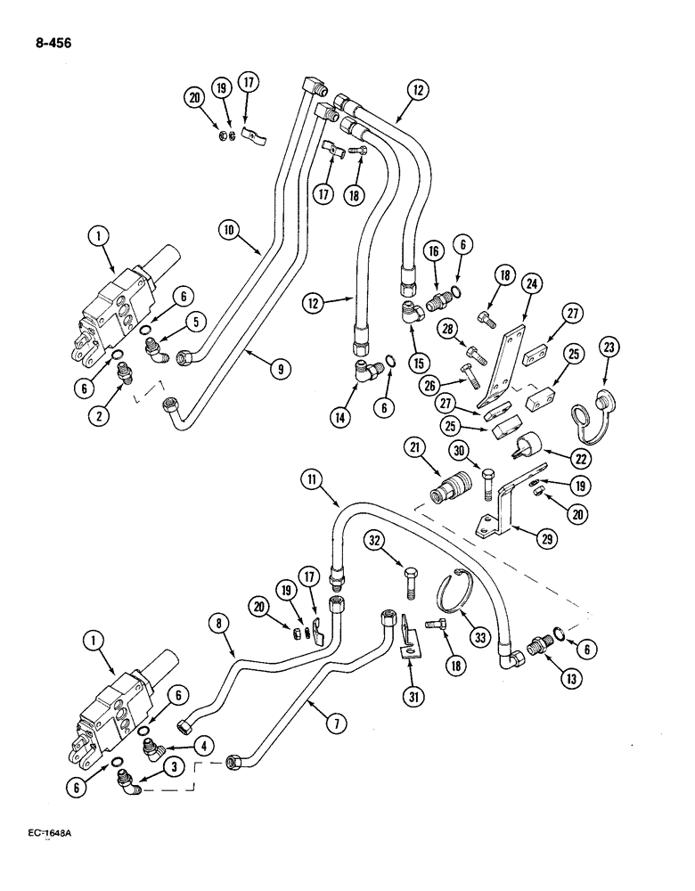Схема запчастей Case IH 585 - (8-456) - AUXILIARY VALVE COUPLINGS AND PIPES, WITHOUT CAB, 1ST AND 2ND BANK, P.I.N. 18001 AND AFTER (08) - HYDRAULICS