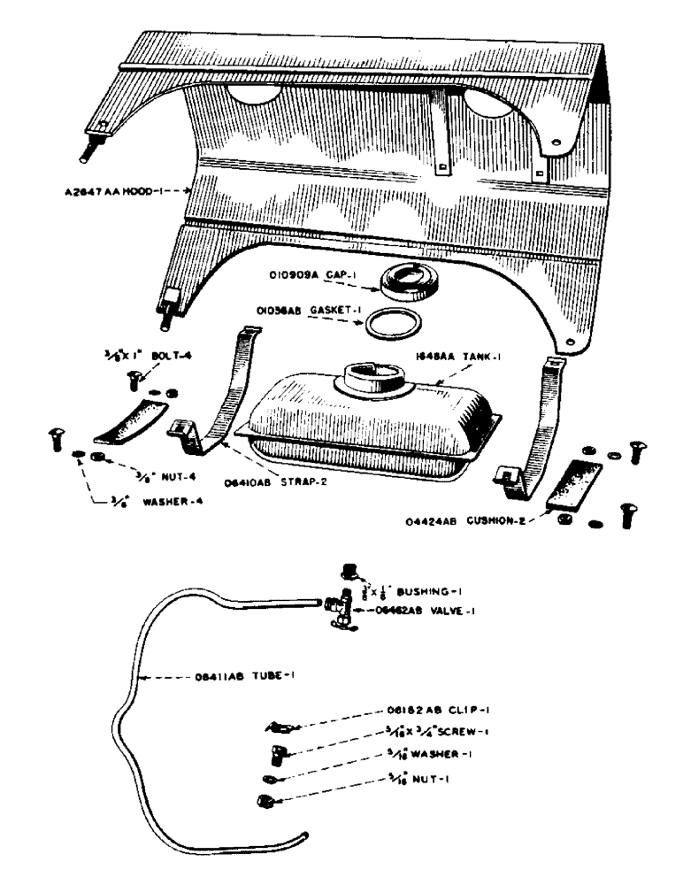 Схема запчастей Case IH S-SERIES - (045) - SMALL GASOLINE TANK AND ENGINE HOOD, FOR LOW COST FUEL, S, SC, SO (03) - FUEL SYSTEM