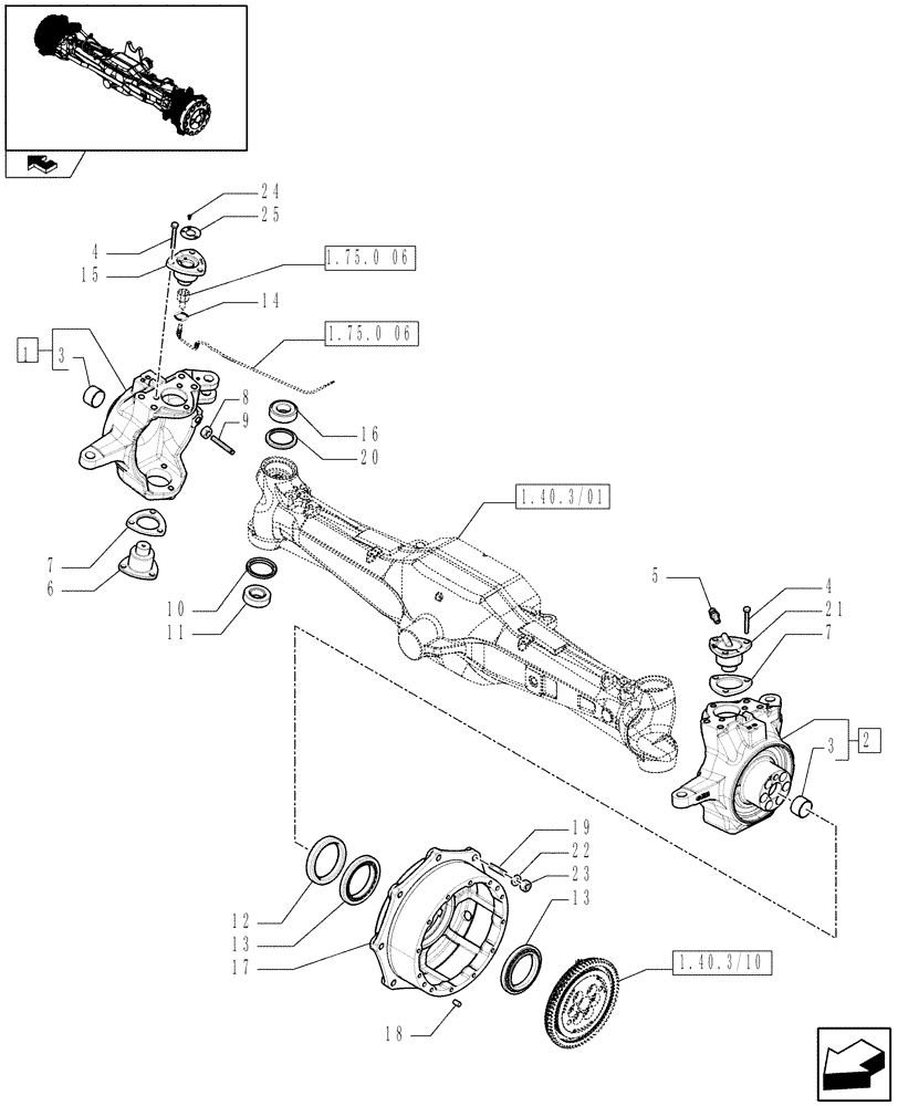 Схема запчастей Case IH PUMA 210 - (1.40.3/02) - (VAR.212) FRONT AXLE WITH ACTIVE SUSPENSIONS AND BRAKES - STEERING PIVOT PINS (04) - FRONT AXLE & STEERING