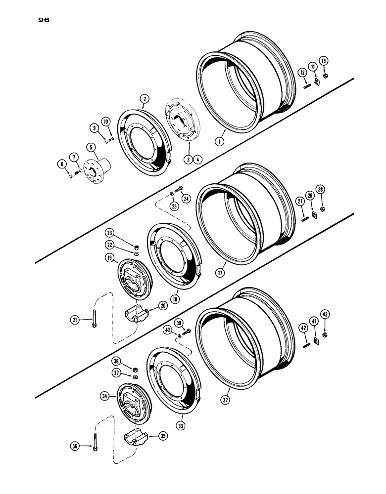 Схема запчастей Case IH 1030 - (096) - REAR WHEELS WITH 30 INCH RIMS, MANUAL ADJUSTABLE, TAPERED BUSHING TYPE HUB (06) - POWER TRAIN
