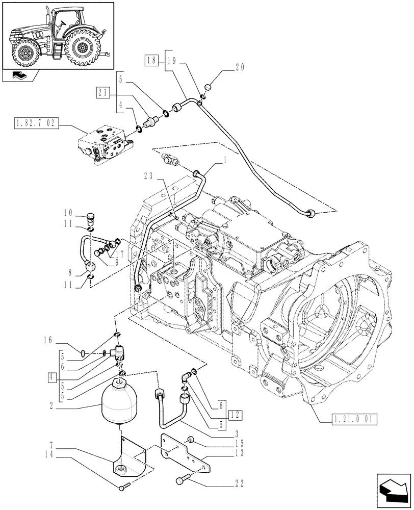 Схема запчастей Case IH MAXXUM 115 - (1.29.6[01A]) - LOW PRESSURE GEARBOX CONTROL PIPES AND ACCUMULATOR - D6741 (03) - TRANSMISSION
