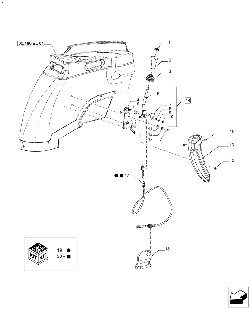Схема запчастей Case IH FARMALL 110A - (90.160.BL[02]) - LEVER ASSY & KNOB - RANGE TRANSMISSION- W/ CAB (90) - PLATFORM, CAB, BODYWORK AND DECALS