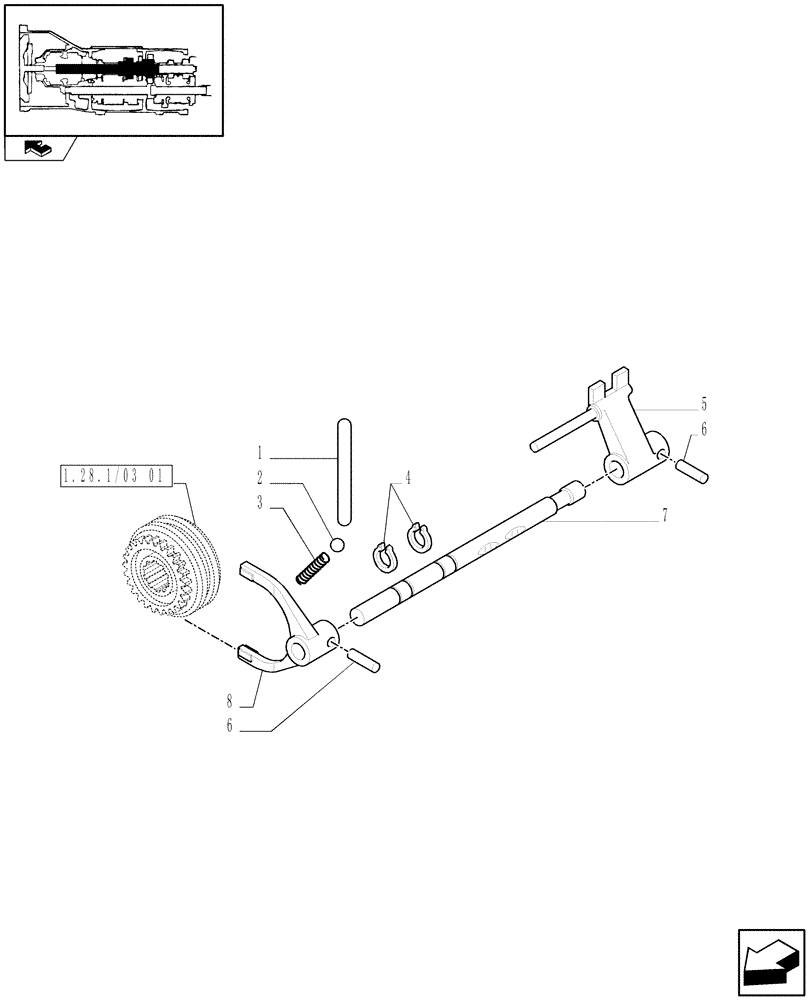 Схема запчастей Case IH FARMALL 105N - (1.28.1/03[02]) - SPLITTER 32X16 FORK, ROD AND PAWL (VAR.330118 / 743508) (03) - TRANSMISSION