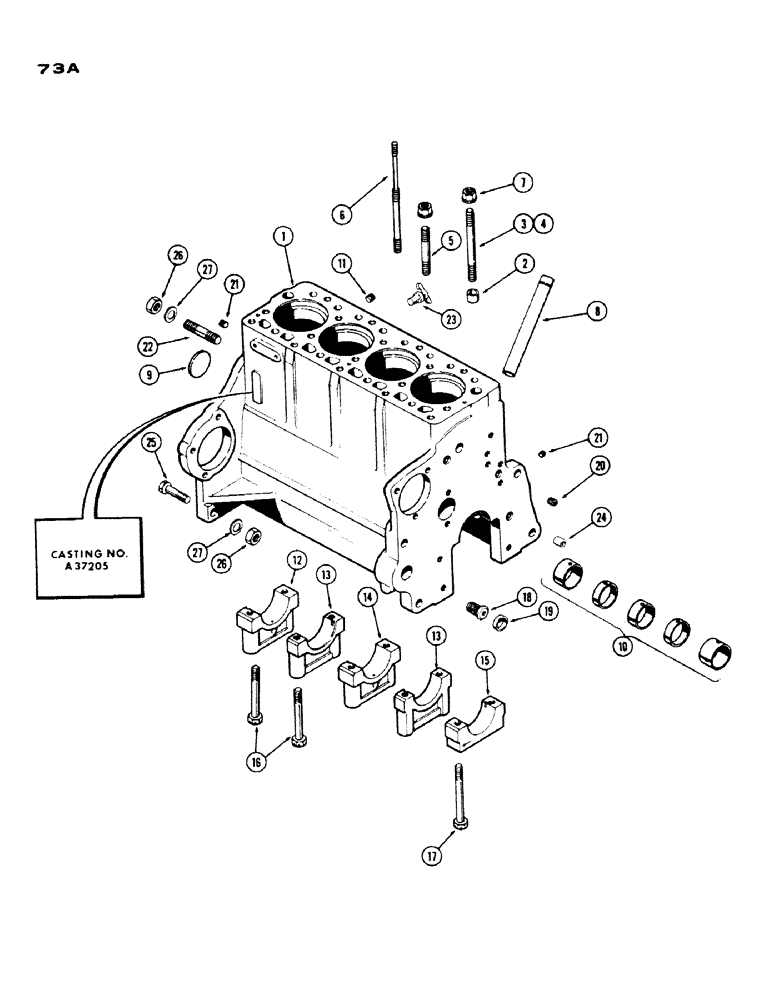 Схема запчастей Case IH 430 - (073A) - CYLINDER BLOCK ASSEMBLY, 188, DIESEL ENGINE, USED ENGINE SERIAL NUMBER 2639536 TO 2656844 (02) - ENGINE