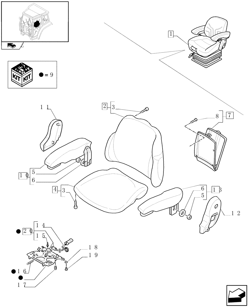 Схема запчастей Case IH FARMALL 85U - (1.93.3/02A[01]) - SWIVEL FABRIC SEAT WITH AIR SUSPENSION, SWITCH AND ARMREST - BREAKDOWN - C7342 (10) - OPERATORS PLATFORM/CAB