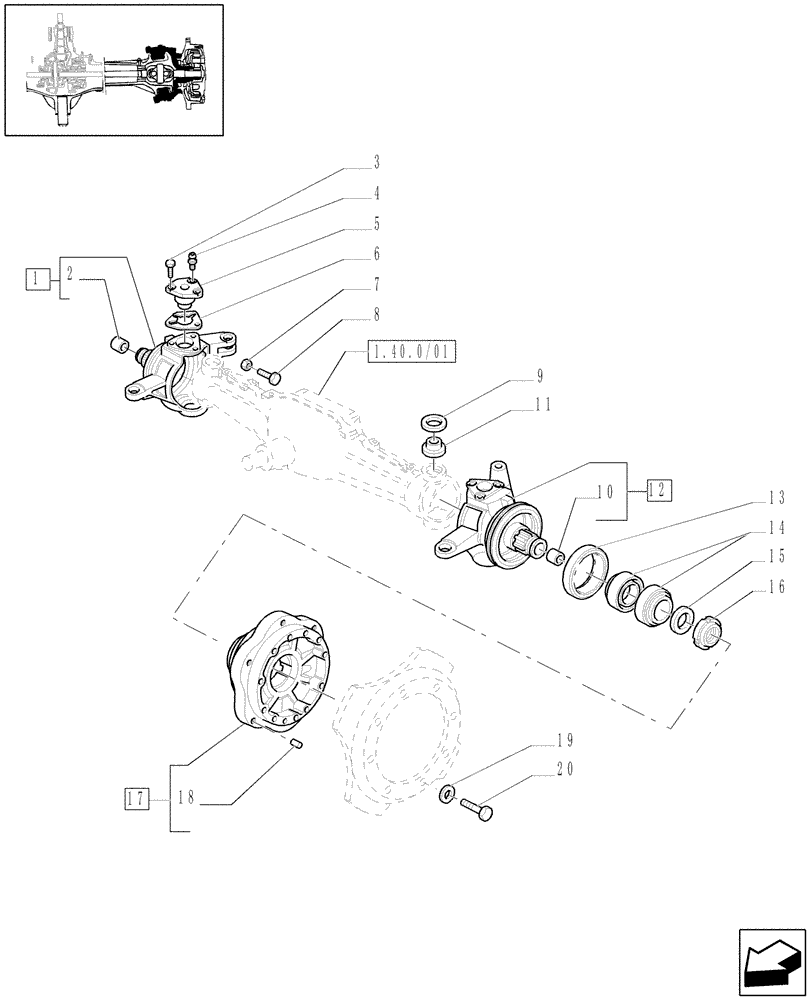 Схема запчастей Case IH JX70U - (1.40.0/02[01]) - FRONT AXLE - STEERING KNUCKLES-HUBS-4WD (04) - FRONT AXLE & STEERING